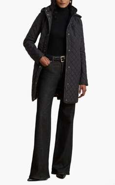 $235 Lauren Ralph Lauren Women's Faux-Leather Trim Black Quilted Coat Lined L